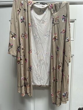 Maurices Beige Floral Open Cardigan with Pink & Yellow Accents